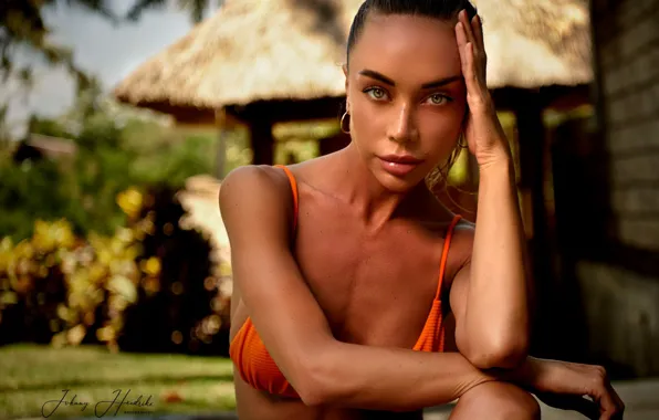 Girl, green eyes, photographer, model, brunette, bikini, looking at camera, bare shoulders