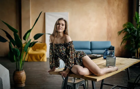Dress, barefoot, model, women, brunette, table, plants, couch
