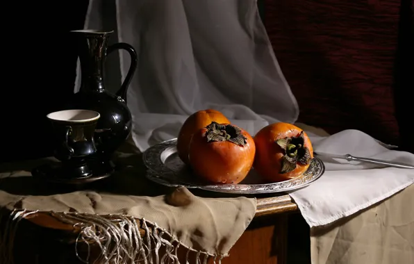 Picture light, the dark background, table, food, Cup, pitcher, fruit, still life