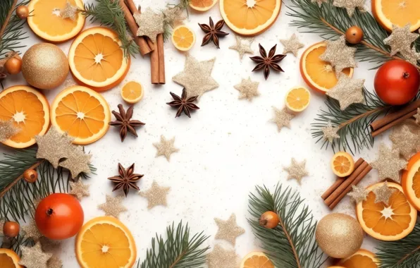 Branches, oranges, Christmas, white background, New year, fruit, needles, circles