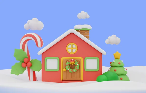 Winter, snow, rendering, Christmas, cane, the snow, New year, house