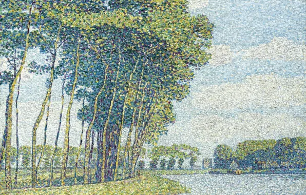 Landscape, picture, pointillism, Paul Baum, Trees by the Canal, Paul Baum