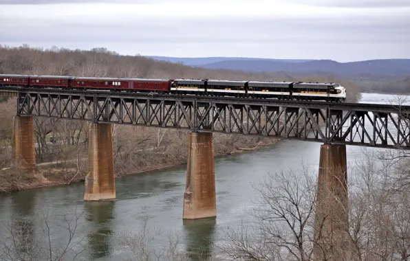 Picture bridge, railroad, river, train