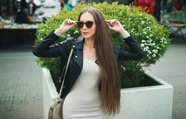 Girl, model, people, brunette, urban, white dress, sunglasses, leather jacket