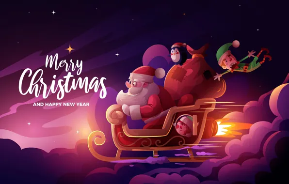 Clouds, Winter, Night, Speed, Christmas, New year, Elf, Santa Claus