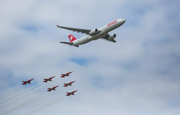 Picture the sky, clouds, the plane, Switzerland, parade, Airbus, The A350