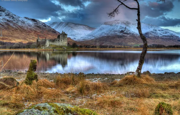 Picture grass, snow, mountains, clouds, lake, stones, castle, tree
