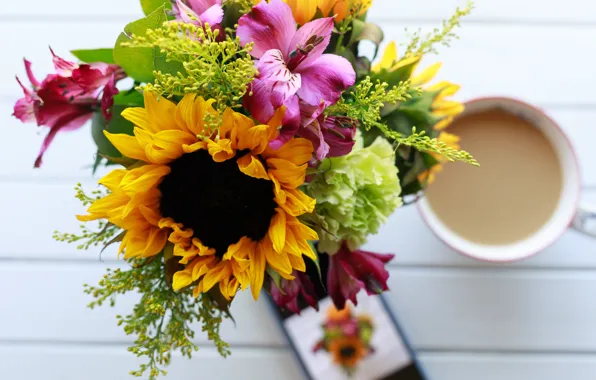 Sunflowers, flowers, bouquet, mug, white background, drink, different, smartphone
