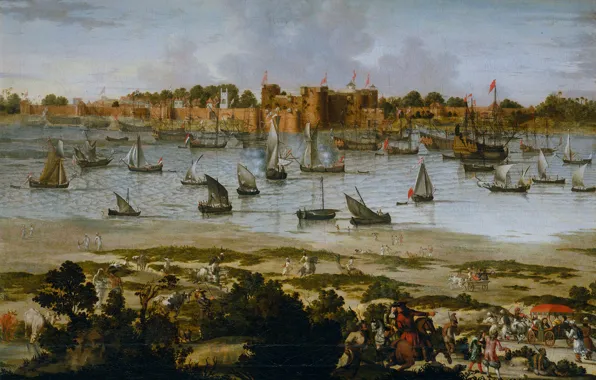 Landscape, boat, oil, picture, sail, fortress, canvas, View of the Port of Surat