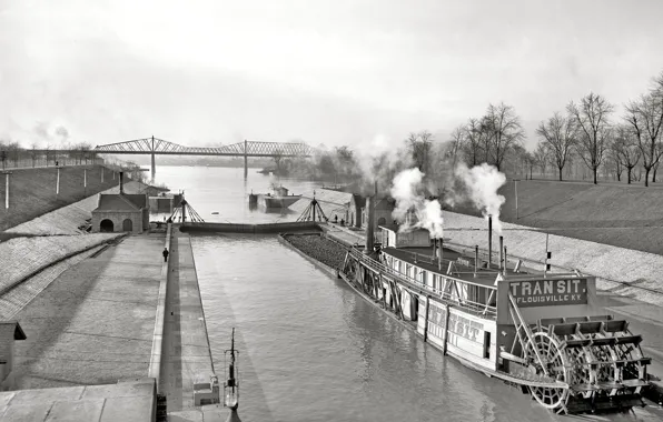 Picture landscape, bridge, retro, ship, steamer, channel, USA, 1903-the year
