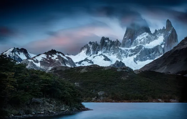 Forest, the sky, clouds, snow, mountains, overcast, rocks, shore