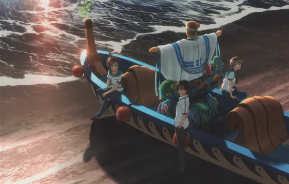 Sea, wave, shore, boat, shadow, statue, friends, students