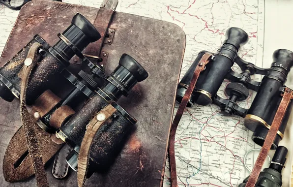 Map, tablet, military, binoculars