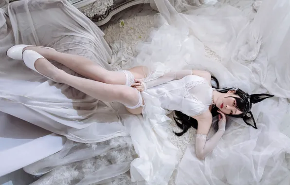 Look, pose, brunette, Asian, sexy, beautiful girl, the view from the top, cosplay