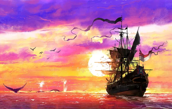 Picture Sunset, The ocean, Sea, Ship, Kit, Whales, Concept Art, Dominik Mayer