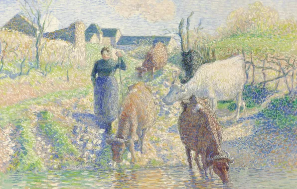 Picture, genre, pointillism, Camille Pissarro, Cows at the Watering. They