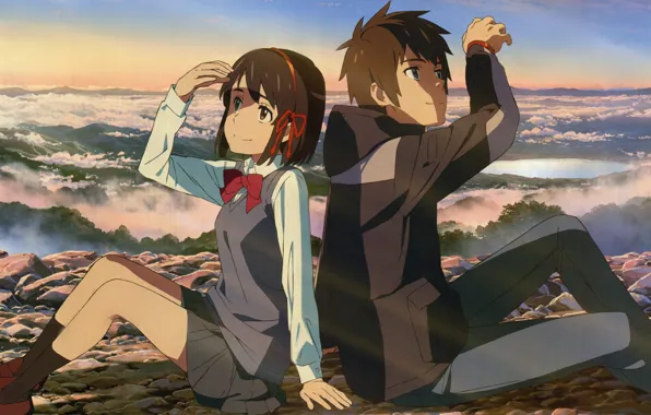 The sky, the sun, lake, stones, valley, jacket, school uniform, art