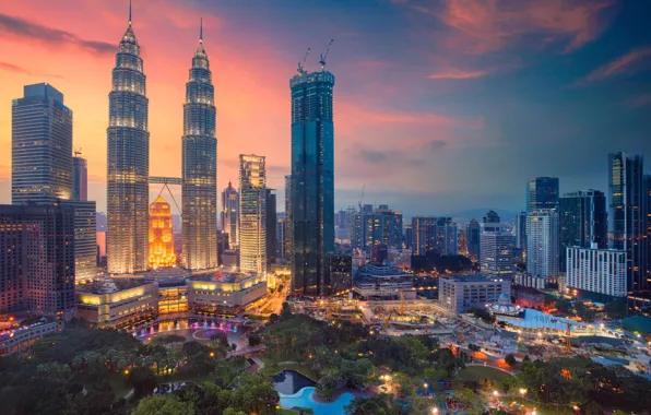 Night, skyscrapers, panorama, Malaysia, Kuala Lumpur
