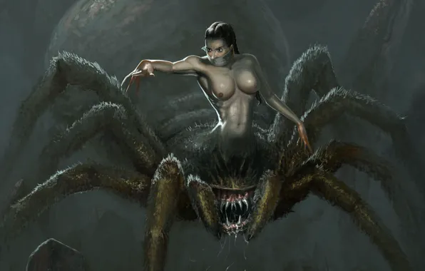 Girl, monster, spider, open mouth, drool