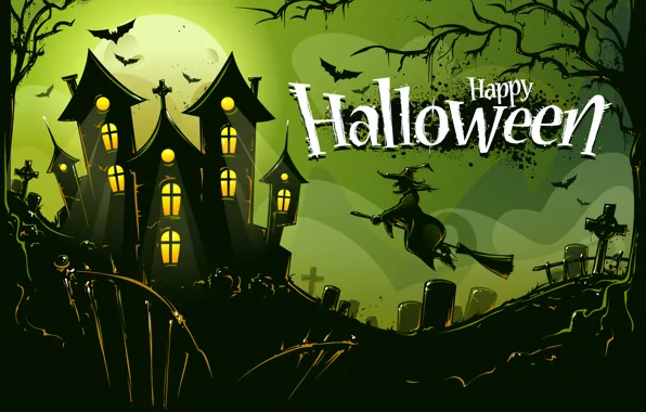 Picture trees, birds, castle, holiday, cemetery, Halloween, Baba Yaga
