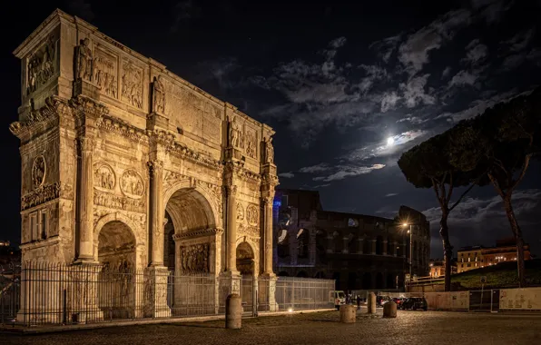 Night, Rome, Colosseum, Italy, The arch of Constantine