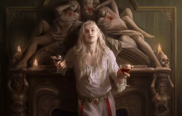 Pose, woman, skull, fireplace, Spellbinding terror