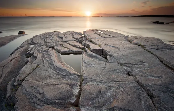 Sea, stones, dawn, Switzerland, horizon