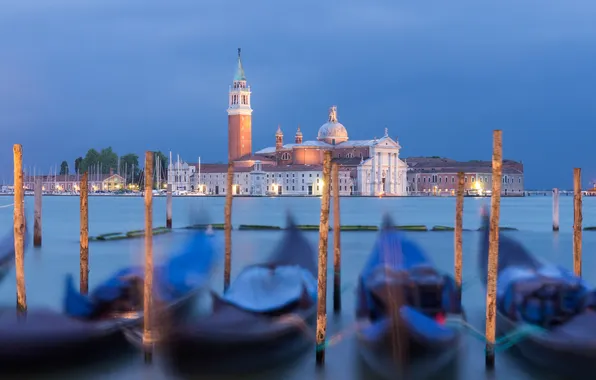 Lights, island, boats, the evening, Italy, Church, Venice, channel