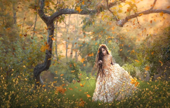 Picture autumn, flowers, tree, dress, girl, long hair