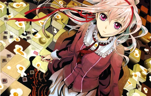 Cubes, girl, plug, scrambled eggs, red eyes, pink hair, looking up, collar