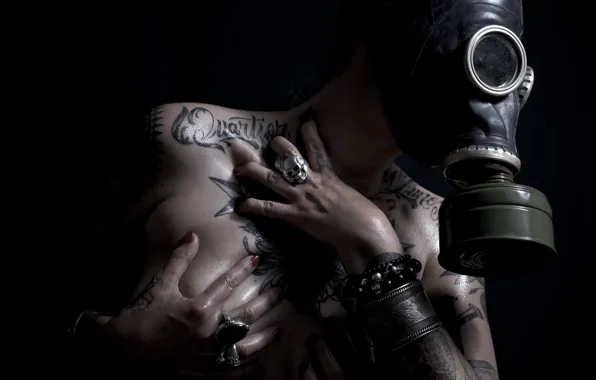 Picture girl, tattoo, gas mask