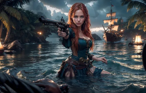 Look, water, girl, gun, ship