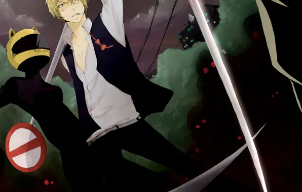 Night, costume, zombies, helmet, red eyes, road sign, Shizuo Heiwajima, Selty Sturluson