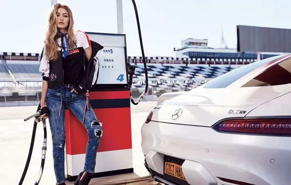 Wallpaper auto, girl, pose, model, Mercedes, Gigi Hadid, Tommy Hilfiger for  mobile and desktop, section девушки, resolution 2048x1152 - download