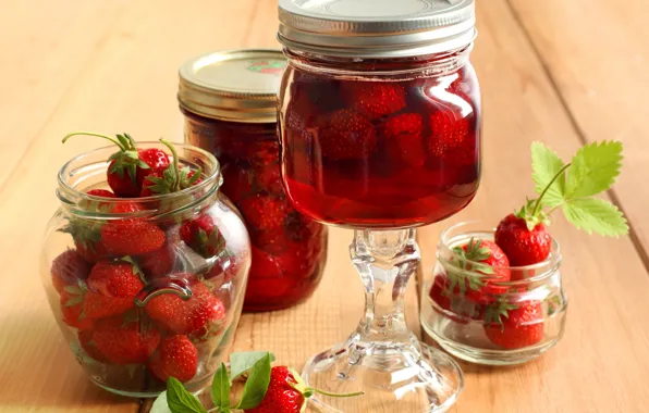 Leaves, berries, strawberry, jars, red, compote