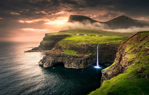 Sea, waterfall, houses, settlement, The Faroe Islands