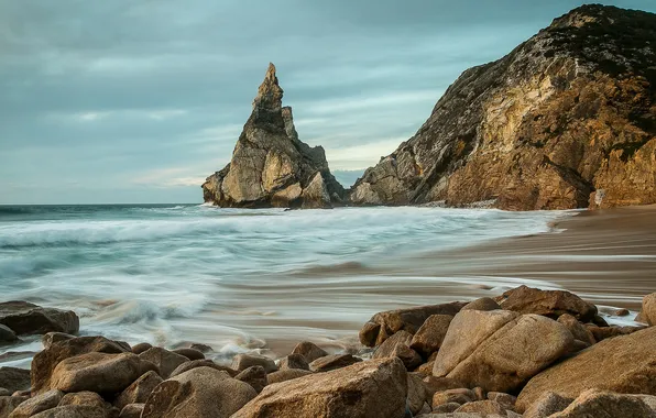 Sand, sea, wave, beach, the sky, clouds, stones, rocks