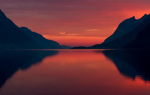 Sea, the sky, sunset, mountains, Norway, the fjord