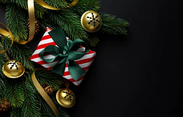 Balls, branches, the dark background, box, Christmas, New year, bow, needles
