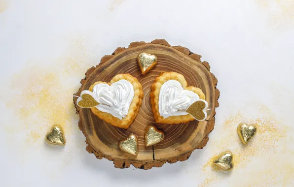 Holiday, cookies, candy, hearts, cake, light background, cream, dessert