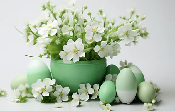 Flowers, holiday, eggs, bouquet, Easter, AI art, neural network, Easter background