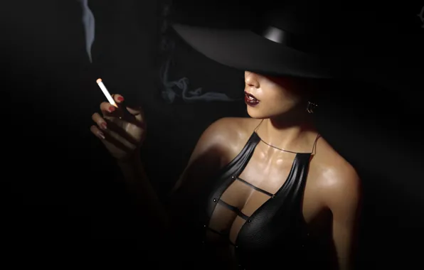 Girl, rendering, smoke, hat, black, cigarette, black background