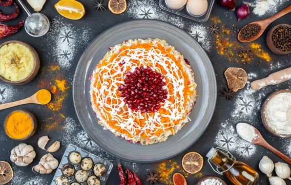 Food, eggs, plate, Christmas, New year, pepper, placer, grey background