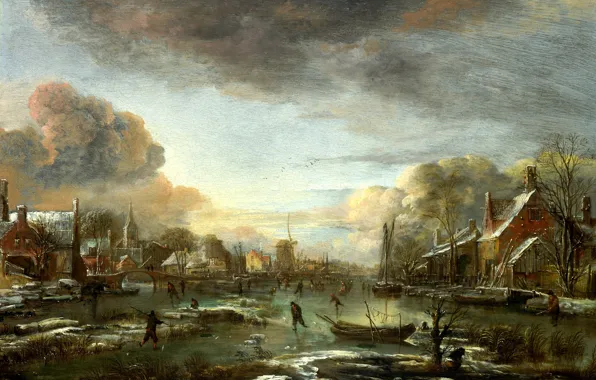 Picture landscape, boat, home, picture, windmill, Art van der NEER, Aert van der Neer, Frozen River …