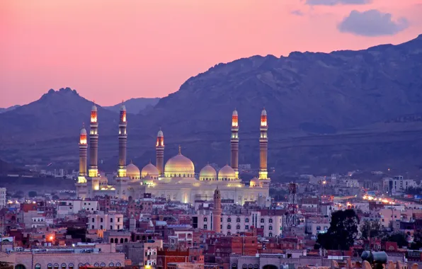 Mountains, building, panorama, Yemen, Yemen, The Al-Saleh Mosque, Sana, Sanaa