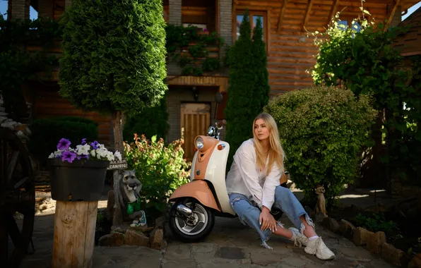 Girl, pose, jeans, blonde, long hair, scooter, scooter, Alexander Parkhomenko