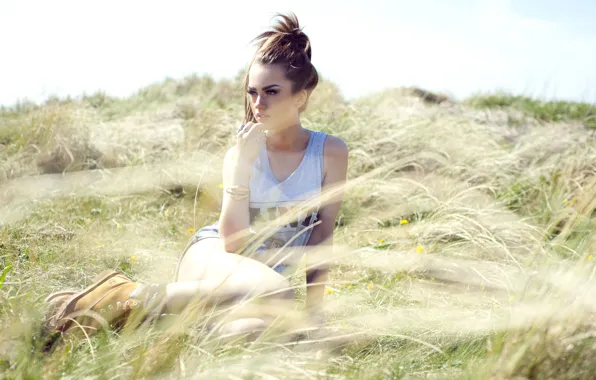 Girl, grass, field, nature, woman, model, brunette, tank