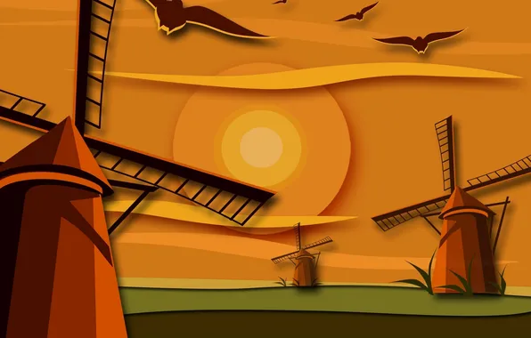 Field, the sky, the sun, vector, mill