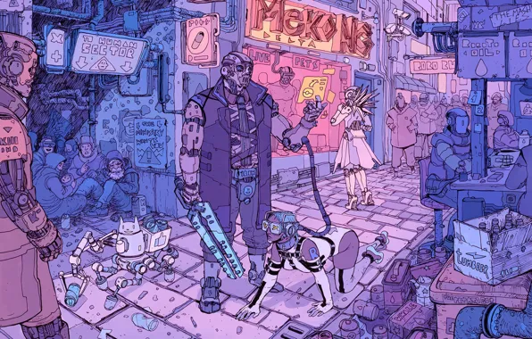 Girl, Robot, Street, People, Girl, Fantasy, Art, Art