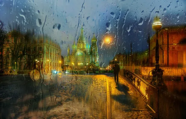 Picture glass, drops, the city, rain, St. Petersburg